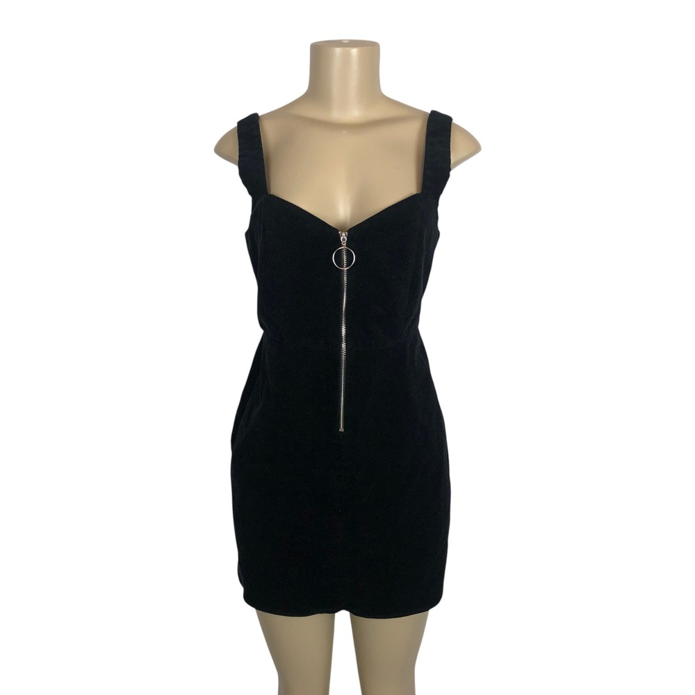 Topshop Black Corduroy Zip Up Mini Dress O-Ring Size 6 Y2K Gothic Witchy